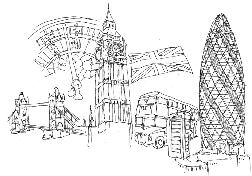 Drawing of London, including Big Ben, Tower Bridge, The Gherkin, a telphone box and a double decker bus