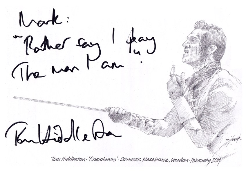 Autographed drawing of Tom Hiddleston in "Coriolanus" at the Donmar Warehouse, London, February 2014