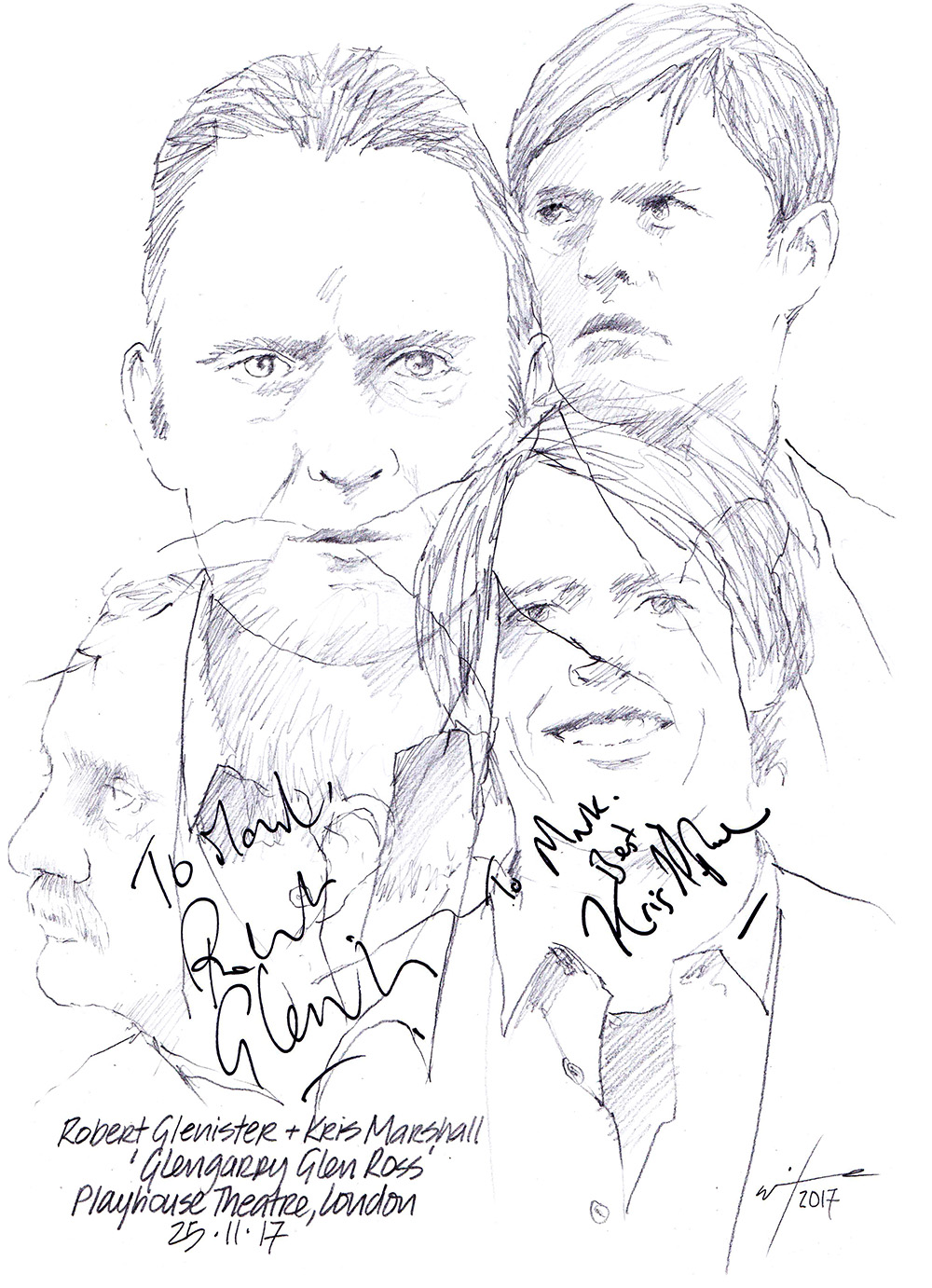 Autographed drawing of Robert Glenister and Kris Marshall in Glengarry Glen Ross at the Playhouse Theatre, London