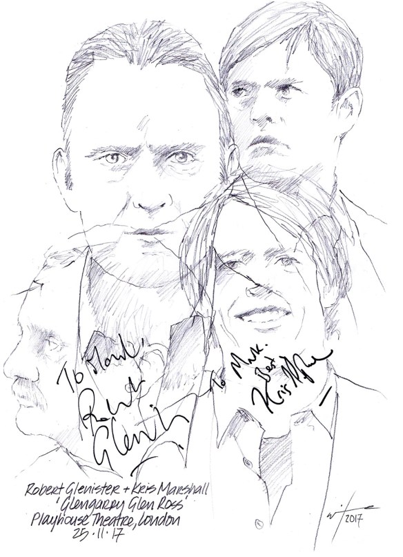 Autographed drawing of Robert Glenister and Kris Marshall in Glengarry Glen Ross at the Playhouse Theatre, London