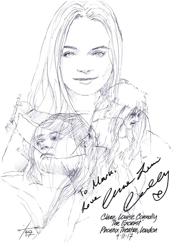Autographed drawing of Clare Louise Connolly in The Exorcist at the Phoenix Theatre in London