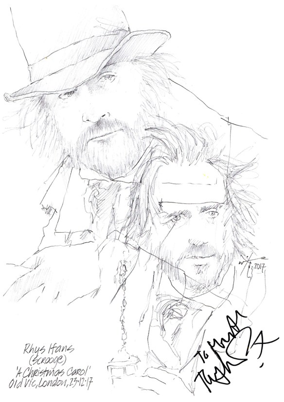 Autographed drawing of Rhys Ifans as Scrooge in The Christmas Carol at The Old Vic Theatre on London's West End