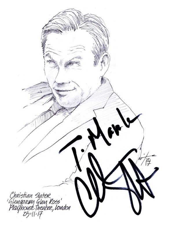 Autographed drawing of Christian Slater in Glengarry Glen Ross at the Playhouse Theatre on London's West End
