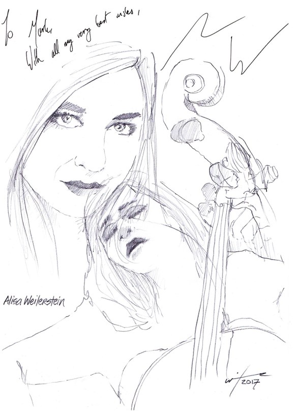 Autographed drawing of classical cellist Alisa Weilerstein