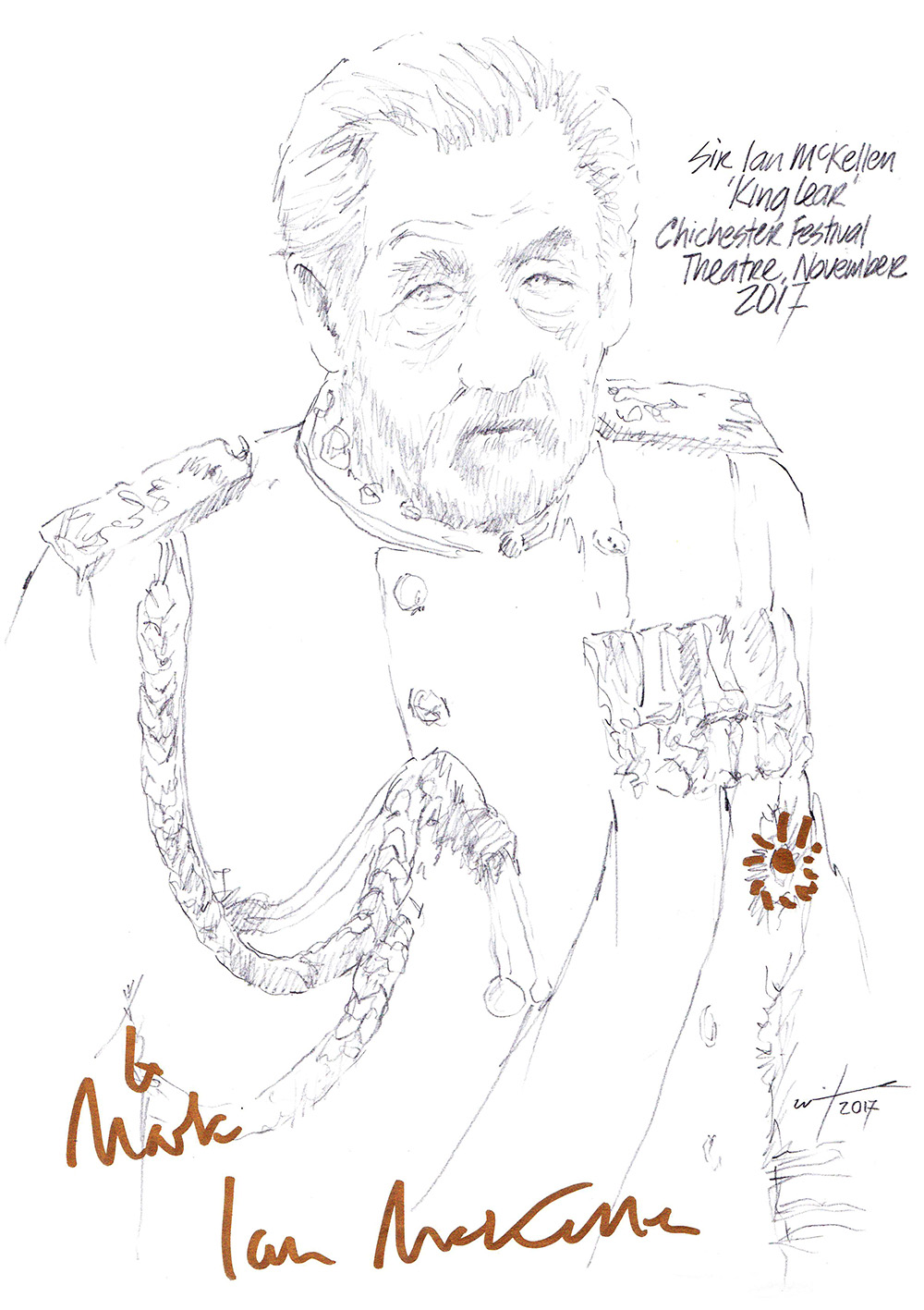 Autographed drawing of Sir Ian Mckellen as King Lear at the Chichester Festival Theatre