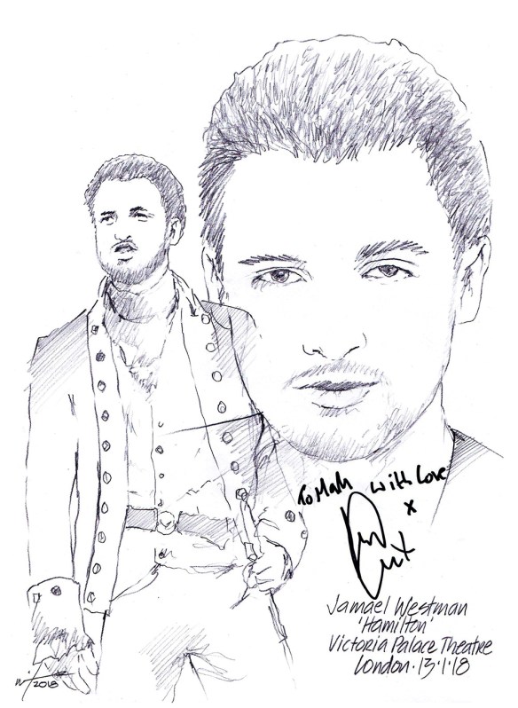 Autographed drawing of Jamael Westman in Hamilton at the Victoria Palace Theatre on London's West End