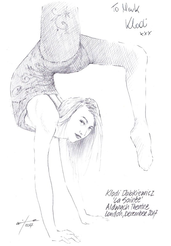 Autographed drawing of Klodi Dabkiewicz in La Soiree at the Aldwych Theatre on London's West End