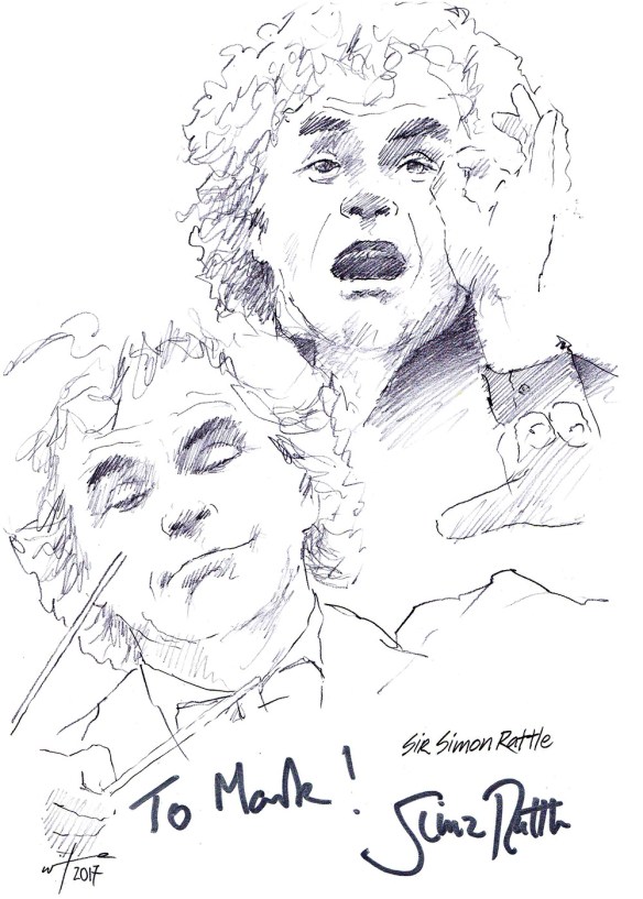 Autographed drawing of conductor Sir Simon Rattle
