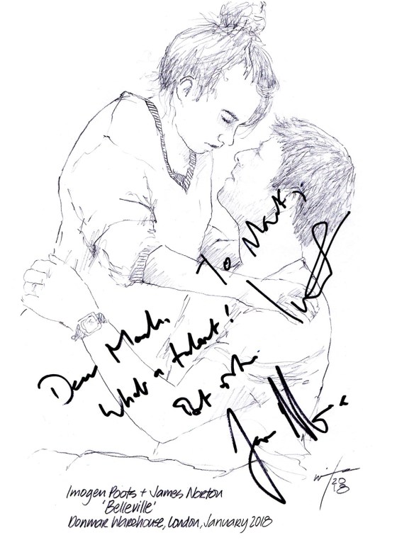 Autographed drawing of James Norton and Imogen Poots in Belleville at the Donmar Warehouse Theatre in London