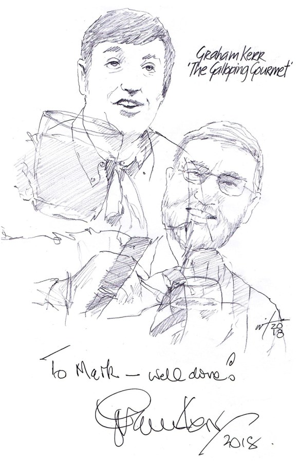 Autographed drawing of chef Graham Kerr in The Galloping Gourmet