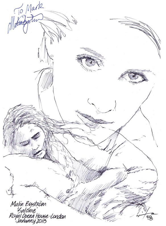 Autographed drawing of Malin Bystrom in Salome at the Royal Opera House in London
