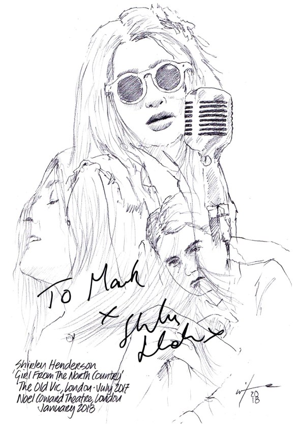 Autographed drawing of Shirley Henderson in Girl From The North Country at The Old Vic Theatre in London, and the Noel Coward Theatre on the West End
