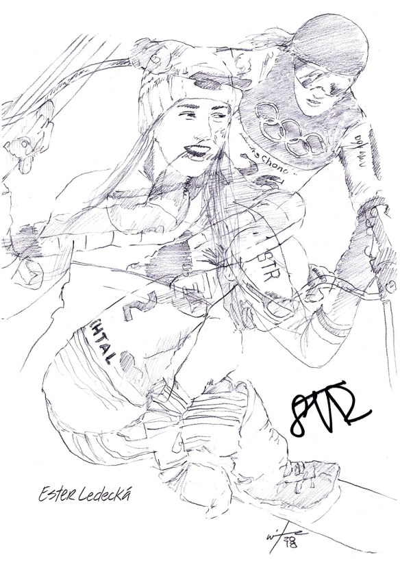 Autographed drawing of snowboarder and skiier Ester Ledecka