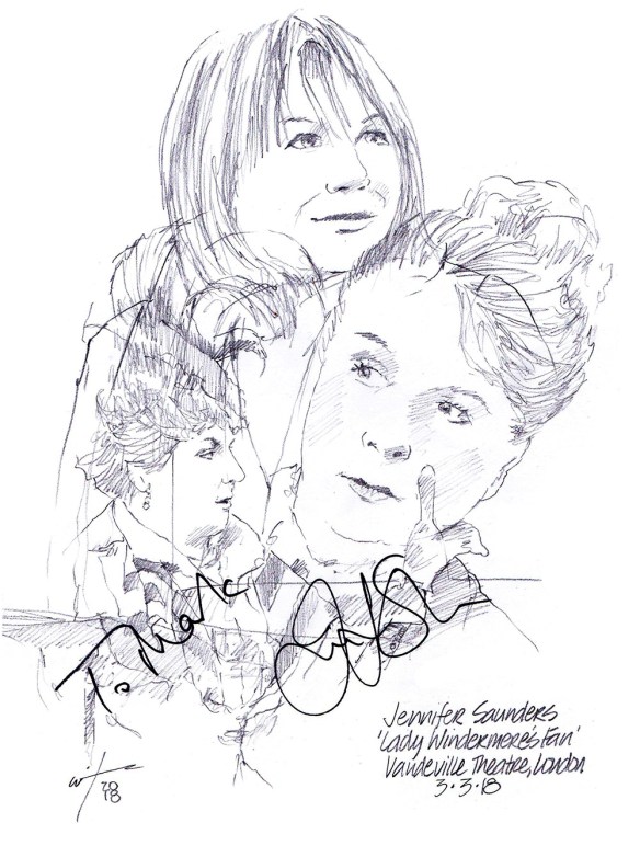 Autographed drawing of Jennifer Saunders in Lady Windermere's Fan at the Vaudeville Theatre on London's West End
