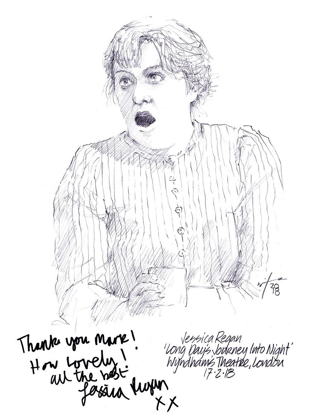 Autographed drawing of Jessica Regan in Long Day's Journey Into Night at Wyndham's Theatre in London's West End