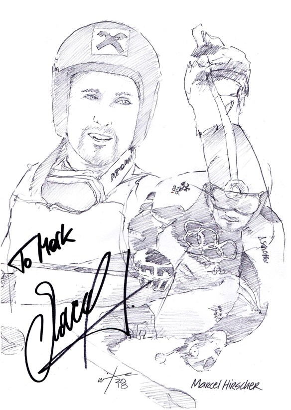 Autographed drawing of skiier Marcel Hirsher