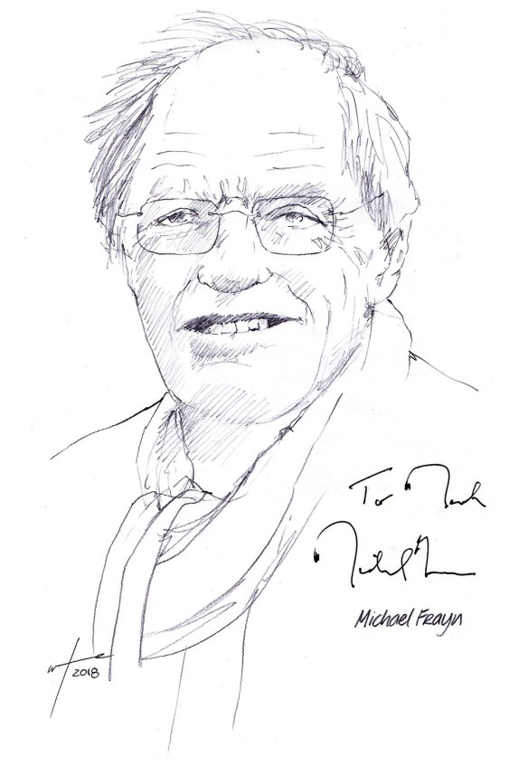 Autographed drawing of writer Michael Frayn