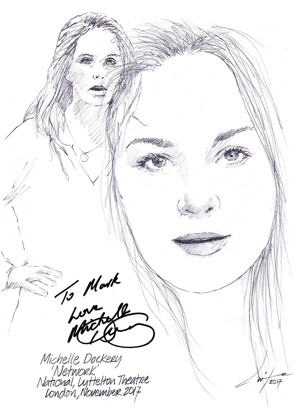 Autographed drawing of Michelle Dockery in Network at the National Lyttelton Theatre