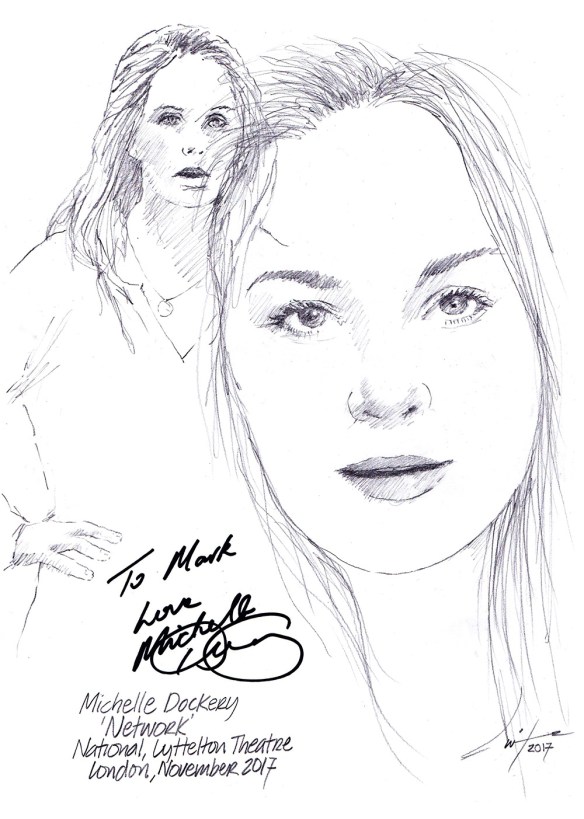 Autographed drawing of Michelle Dockery in Network at the National Lyttelton Theatre