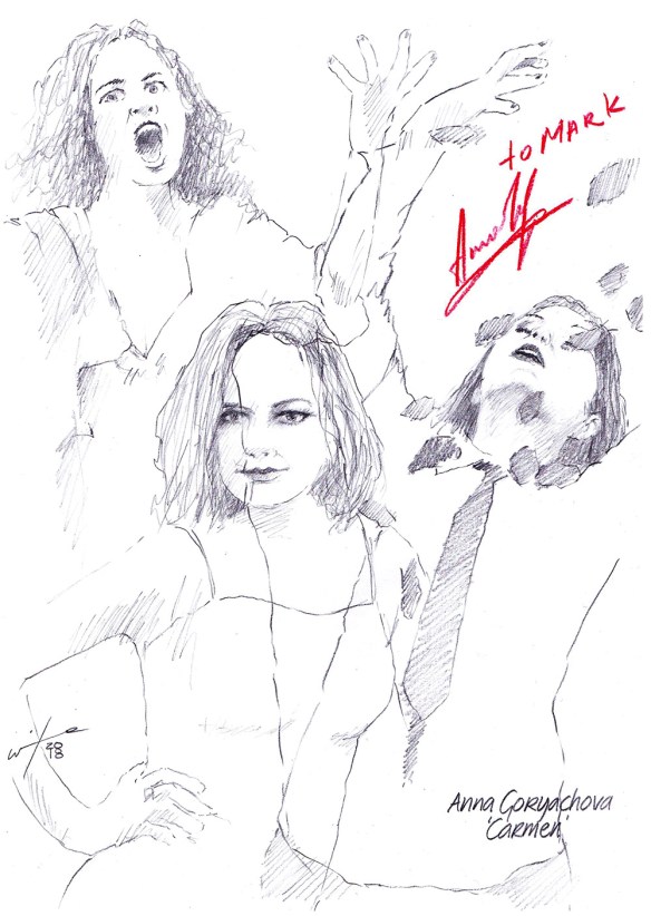 Autographed drawing of opera singer Anna Goryachova in Carmen