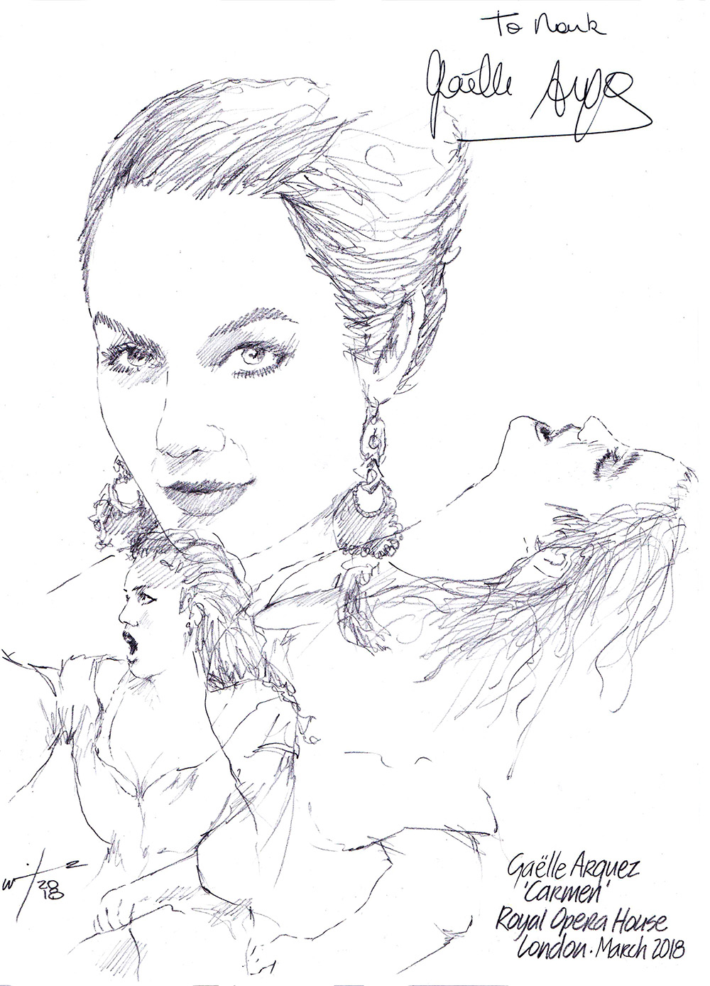 Autographed drawing of opera singer Gaelle Arquez