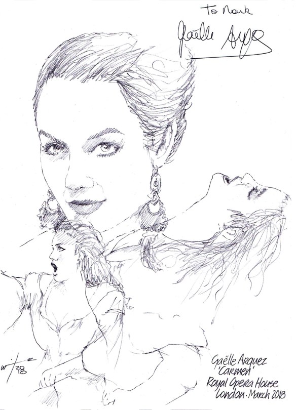 Autographed drawing of opera singer Gaelle Arquez