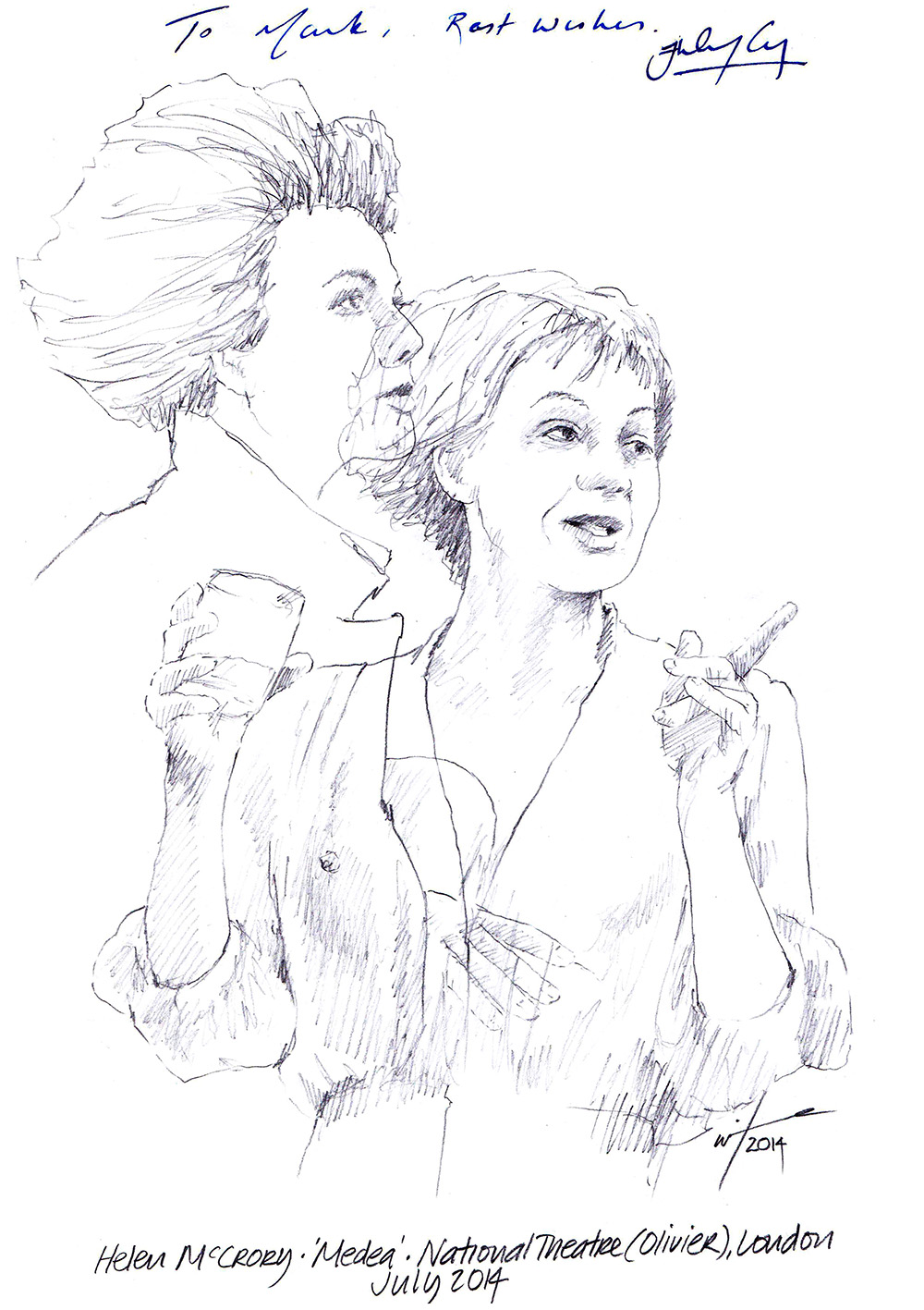 Autographed drawing of Helen McCrory in Medea at the National Theatre in London