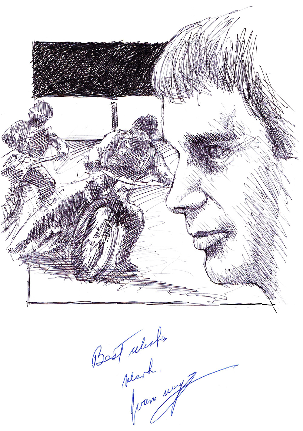 Autographed drawing of speedway racer Ivan Mauger