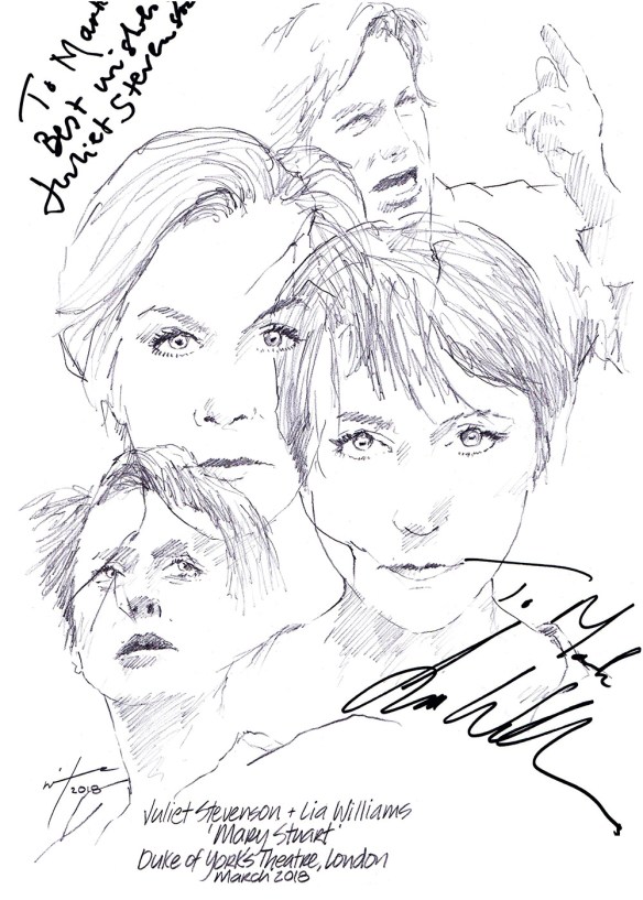 Autographed drawing of Juliet Stevenson and Lia Williams in Mary Stuart at the The Duke Of York's Theatre in London's West End