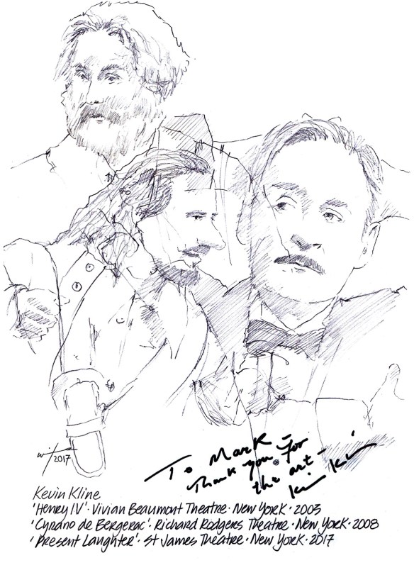 Autographed drawing of Kevin Kline in Present Laughter, Henry IV and Cyrano de Bergerac on Broadway in New York