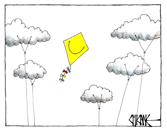 Cartoon of a kite flying fee in the sky while clouds are tied to the ground