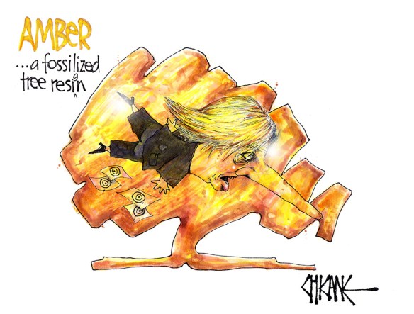 Cartoon of Amber Rudd fossilised in The Conservative Party logo with caption reading "Amber... a fossilized tree resi(g)n" 