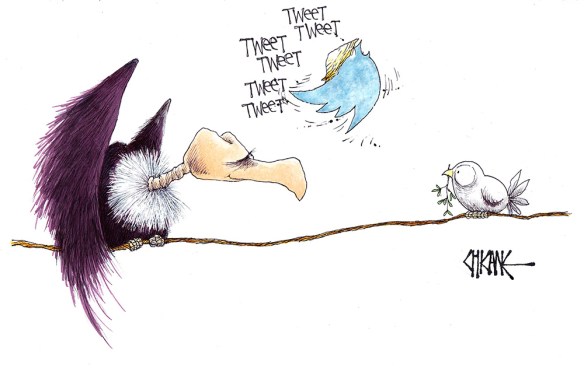 Bird calls cartoon, Twitter logo Trump flitting between a vulture and dove with an olive branch
