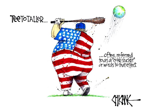 Cartoon of Trump golfing with the world as a bal. Captioned TEEtotaller, often reffered to as a 'coke sucker' or words to that effect' 