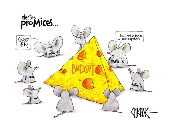 Cartoon captioned "election pro-mices" with mice representing health, housing, education, the environment, justice etc surrounding a large cheese representing the budget. 