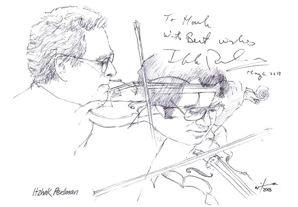 Autographed drawing of violinist Itzhak Perlman