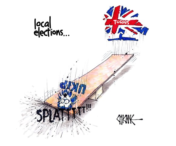 Cartoon captioned "Local Elections" with UKIP and Conservative logos on a seesaw and the Conservative logo jumping up so that UKIP goes splat