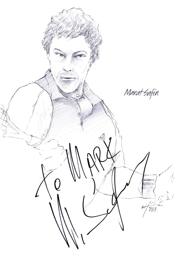 Autographed drawing of tennis player Marat Safin