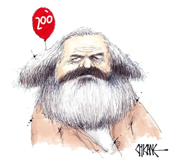 Cartoon of Karl Mark with a balloon saying "200"