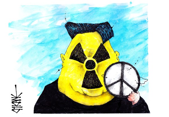 Cartoon of Kim Jong un with a nuclear symbol face holding a peace sign mask