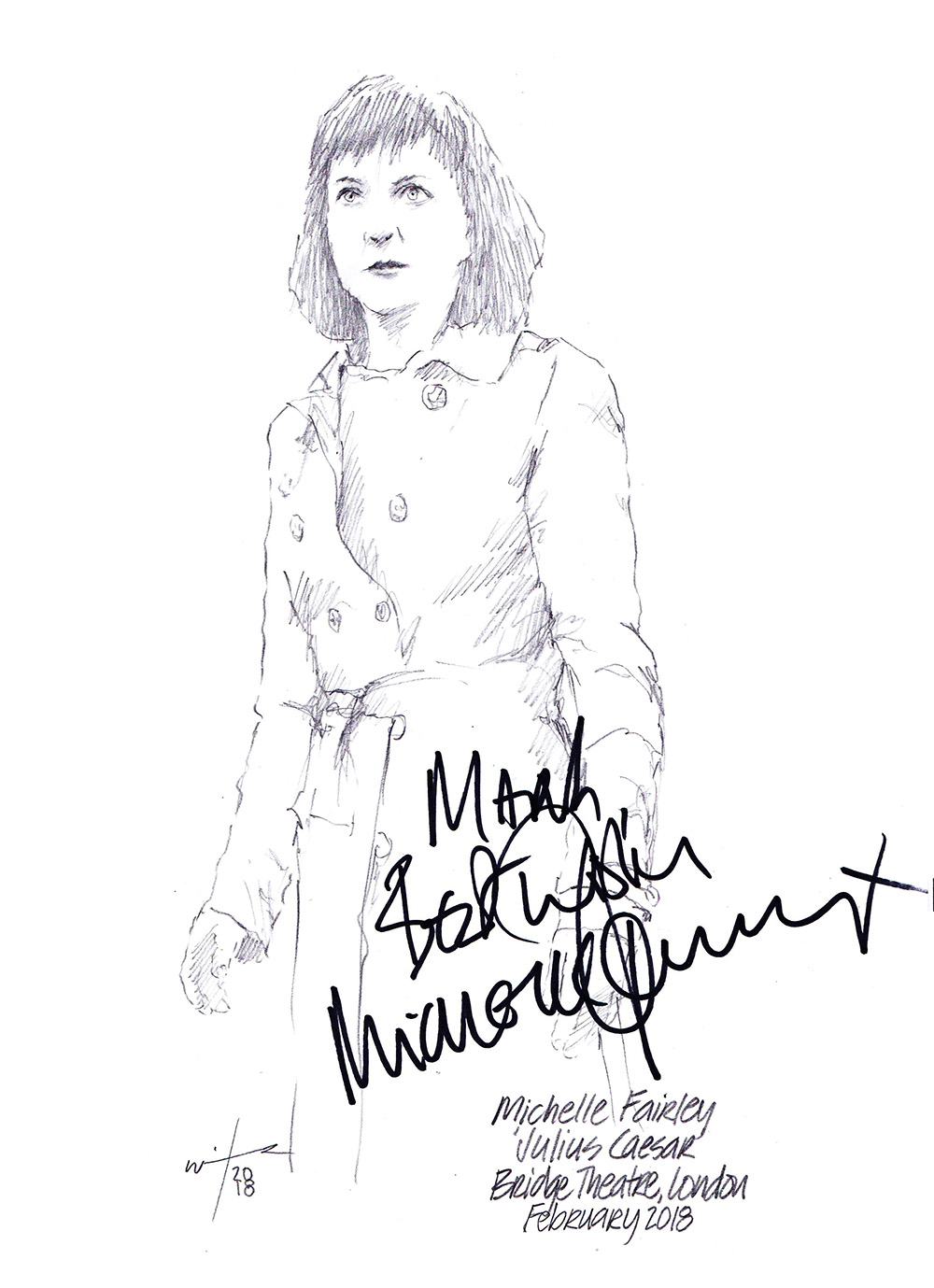 Autographed drawing of Michelle Fairley in Julius Caesar at the Bridge Theatre in London