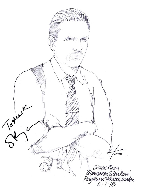 Autographed drawing of Oliver Ryan in Glengarry Glen Ross at the Playhouse Theatre on London's West End