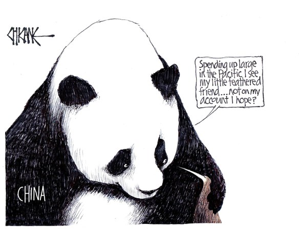 Chincae and New Zealand represented by a giant Panda and a tiny Kiwi