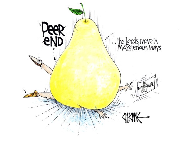 Peer End cartoon, a pear lands on Theresa May, with caption "the Lords work in mysterious ways"