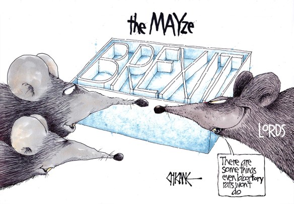 Cartoon captioned "the Mayze" with rats representing the House of Lords looking at a maze that makes of the words "BREXIT"