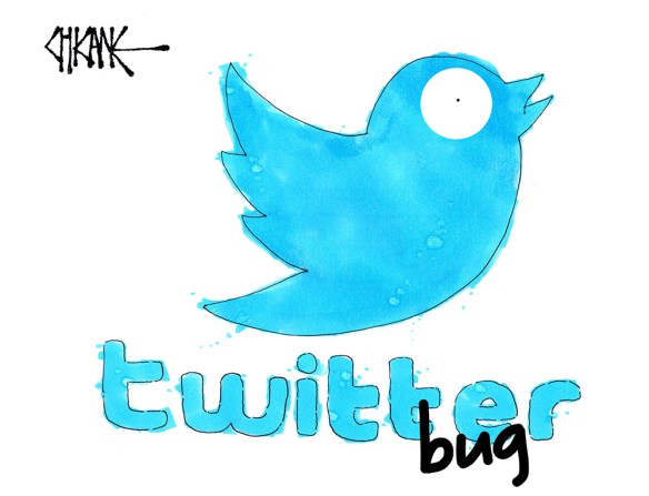 Twitter Bug cartoon with a shocked Twitter Bird logo