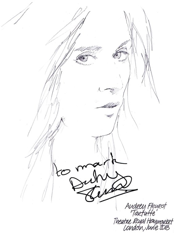 Autographed drawing of Audrey Fleurot in Tartuffe at the Theatre Royal Haymarket on London's West End