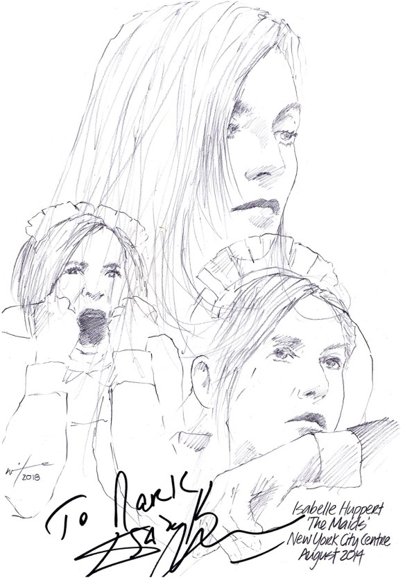 Autographed drawing of Isabelle Huppert in The Maids at the New York City Centre in August 2014