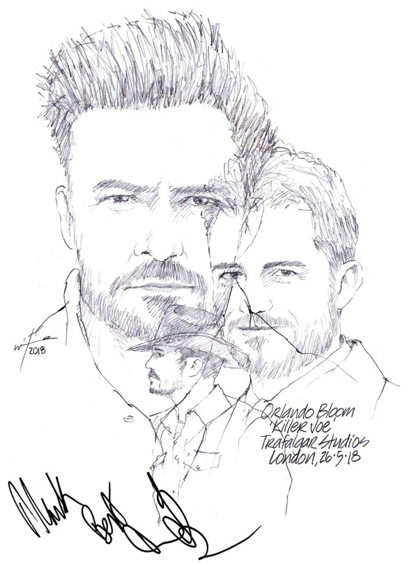 Autographed drawing of Orlando Bloom in Killer Joe at Trafalgar Studios in London's West End