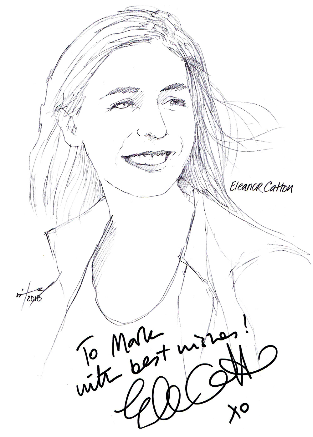 Autographed drawing of author Eleanor Catton